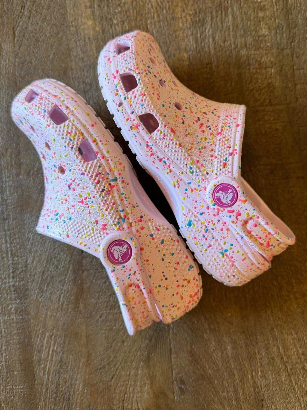 Crocs Splatter Paint Pink Clogs – Kids Size 1 – Gently Used